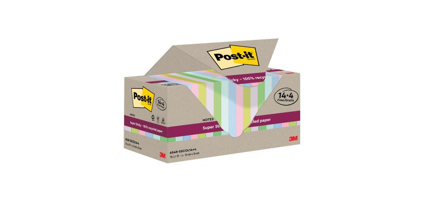 Post it Super Sticky Assortiti in carta riciclata 76 x 76 mm Confezione convenienza 14+4 unità da 70 fogli