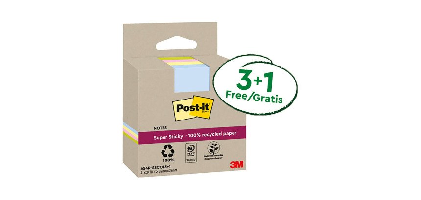 Post-it Super Sticky Assortiti in carta riciclata 76 x 76 mm Confezione convenienza 3+1 unità da 70 fogli