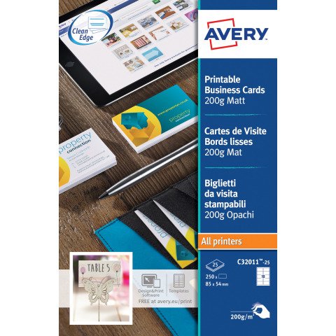 Tarjeta de visita láser Avery C32011, 85 x 54 mm, 200 g/m², blanca - Paquete de 250