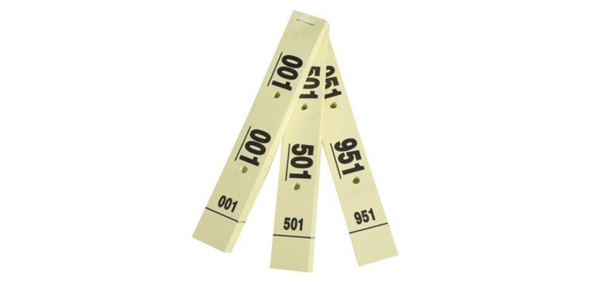 Notizbuch mit 50 nummerierten Garderobenbons in 3-teiligem Format (2 davon mit Löchern) - Maße 20 x 3 cm - gelb