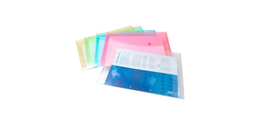 
Storage wallets with snap button, Rapesco A4+ assorted clear - Pack of 5 
