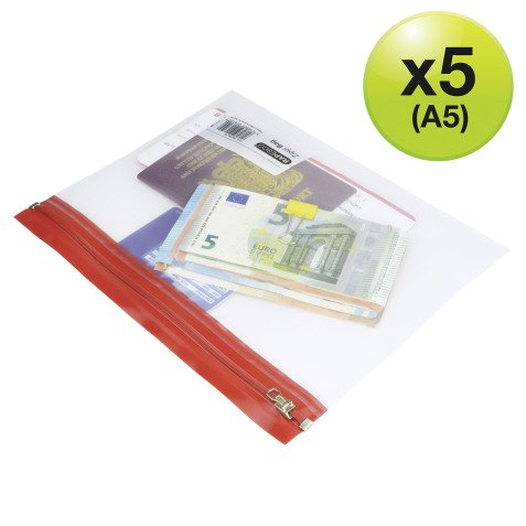 Storage pouches zipped A5 Rapesco transparent assorted - Pack of 5