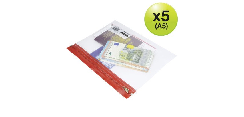 Hüllen mit Reißverschluss A5 von Rapesco, transparent, sortiert - Packung mit 5 Stück.