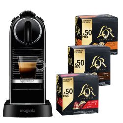 <span style="font-family:Arial">Verpacken Sie die Kapselkaffeemaschine Magimix Nespresso Citiz, schwarz, sowie 3 Packungen mit je 50 Kaffeekapseln von L'Or.</span>