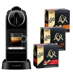 Pack Magimix Nespresso Citiz capsule coffee machine, black + 3 boxes of 50 L'Or coffee capsules