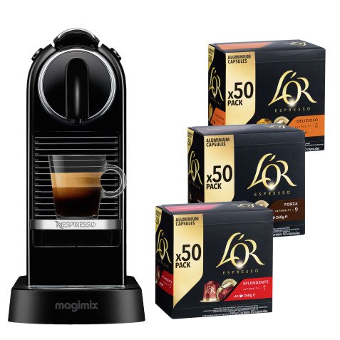 Pack machine à café à capsule Magimix Nespresso Citiz, noire + 3 Boîtes de 50 Capsules de café L'Or