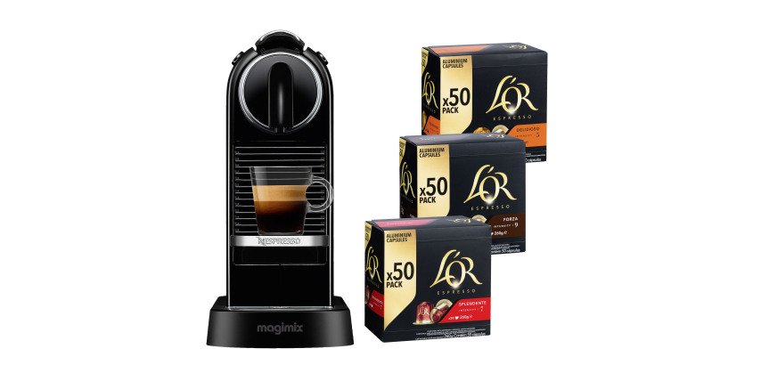 Pack Kaffeekapselmaschine Magimix Nespresso Citiz, schwarz + 3 Boxen mit 50 Kaffeekapseln von L'Or