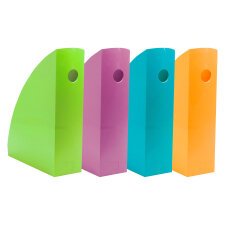 Exacompta Mag-cube magazine file with 8.2 cm spine in assorted bright colors.