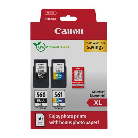 Canon PG-560XL + CL-561XL Pack cartuchos originales alta capacidad negro + tricolor + papel foto 10x15 cm