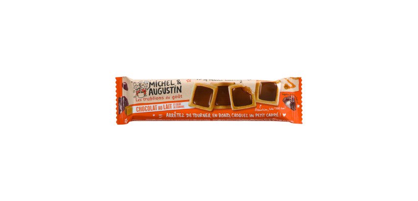Barre de 4 petits carrés à croquer chocolat au lait et caramel Michel et Augustin - Boîte présentoir de 18