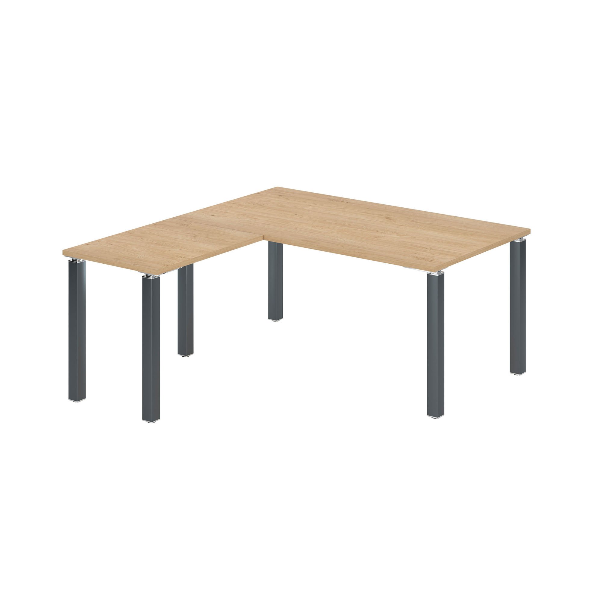 Bureau d'angle EXPRIM plateau chêne clair L 160 cm avec retour suspendu piètement métal