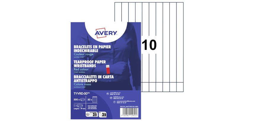 Bracelet papier Tyvek largeur 19 mm Avery rouge fluo -Lot 500