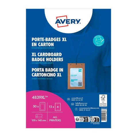 Badges en carton Avery + pochettes microperforées imprimables - 105 x 148 mm - Boîte de 50