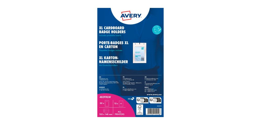 Lot von 52 Karton-Badges 105 x 148 mm von Avery + 50 bedruckbare mikroperforierte Hüllen