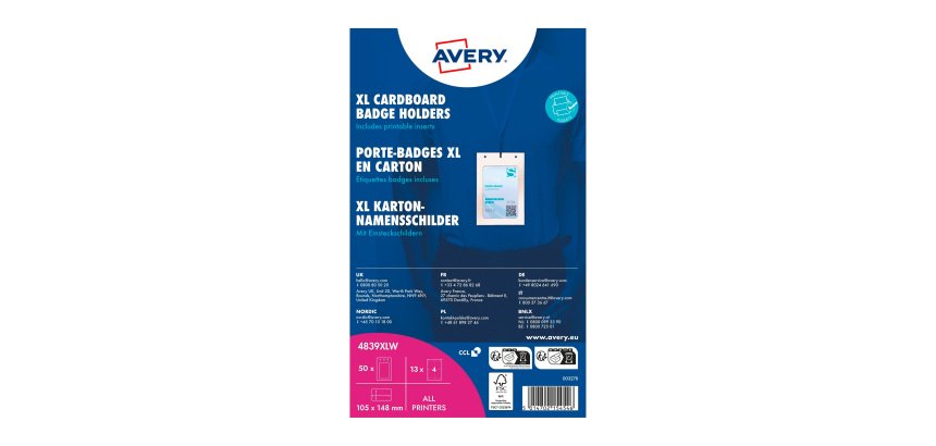 Set of 52 Avery cardboard badges 105 x 148 mm + 50 printable microperforated pouches