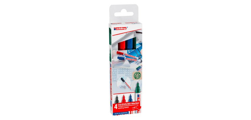 Marqueur permanent Edding 8400 CD/DVD pointe 0,5 à 1 mm - Pochette de 4