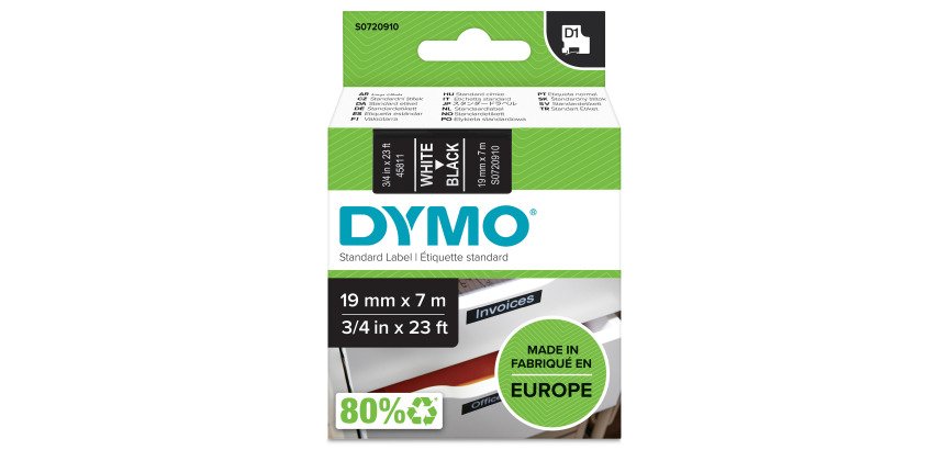 Dymo D1 tape 19 mm, wit op zwart