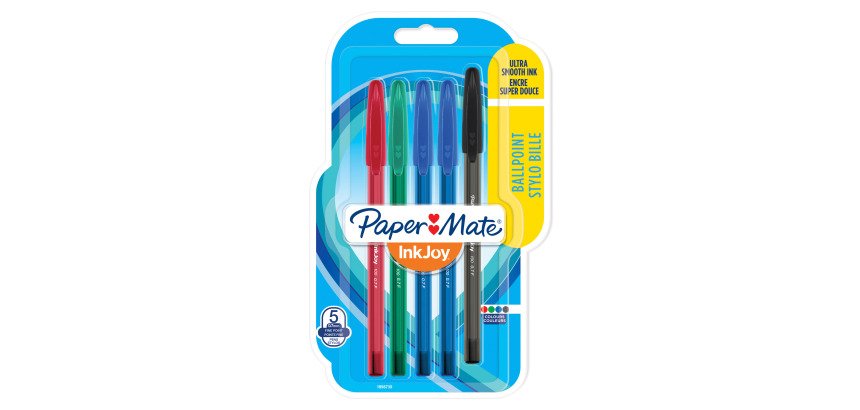 Stylo bille Paper Mate Inkjoy 100ST à capuchon écriture fine 0,7 mm - Pochette de 5