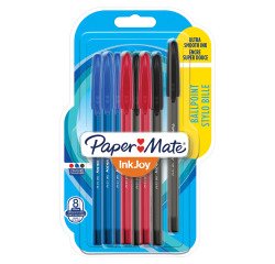 Stylo bille Paper Mate Inkjoy 100 à capuchon pointe moyenne 1 mm - Pochette de 8