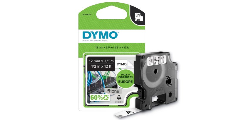 Ruban nylon Dymo D1 12 mm S0718040 - blanc écriture noire