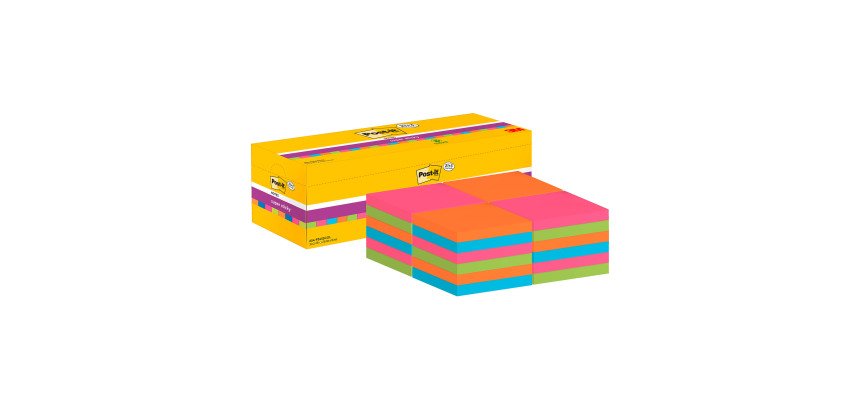 Pack de 21 notes repositionnables couleurs Super Sticky Post-It 76 x 76 mm - bloc de 90 feuilles+ 3 notes offertes
