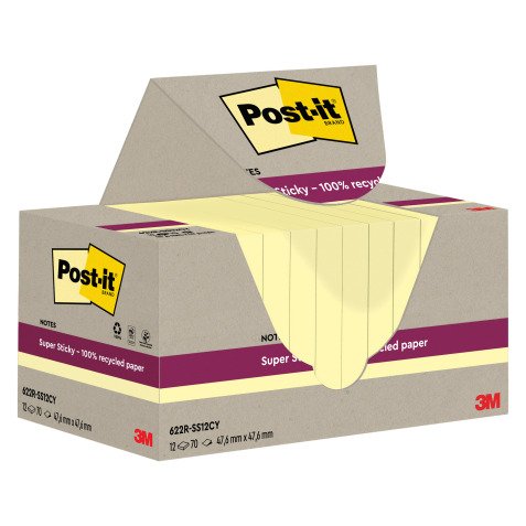 Notes repositionnables recyclées jaunes pastel Super Sticky Post-it 47,6 x 47,6 mm - bloc de 70 feuilles