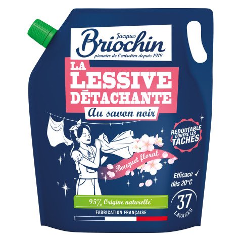 Lessive liquide au savon noir Briochin Bouquet Floral - 37 lavages - Recharge de 1,7 L