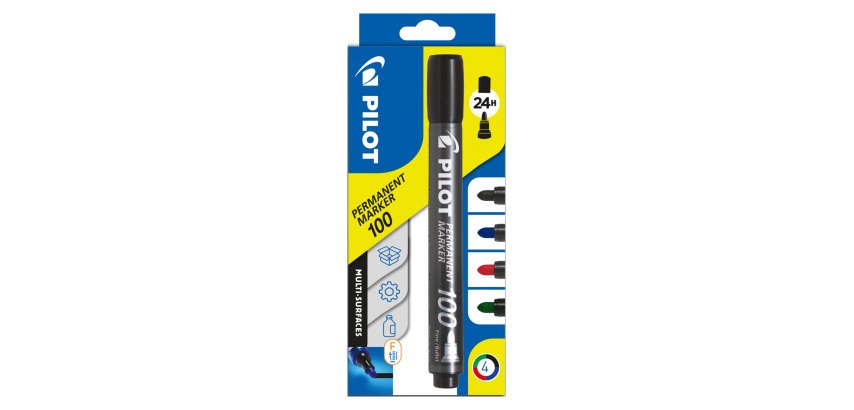 Marqueur permanent Pilot Marker 100 pointe conique 4,5 mm - Pochette de 4