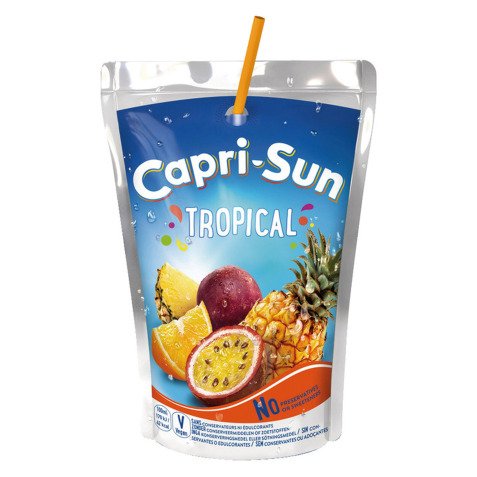 Capri-Sun Tropical 20 cl - 20 gourdes

Translated to English:
Capri-Sun Tropical 20 cl - 20 gourdes