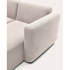 Modulare Dreisitzer-Couch Neom mit rechter/linker Ottomane, strukturiertem beigem Stoff, Länge 263 cm.