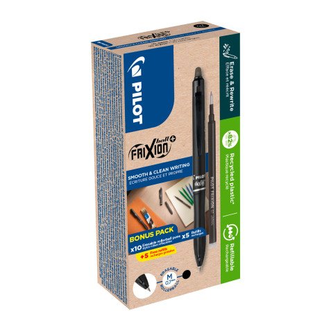 Pack of 10 FriXion Ball+ erasable rollerball pens by Pilot with a medium 0.7mm tip + 10 refills, including 5 free.