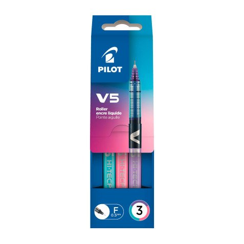 Rollerball pen Pilot Hi-tecpoint V5 with cap 0.5mm fine writing - Fun 3-color pouch.