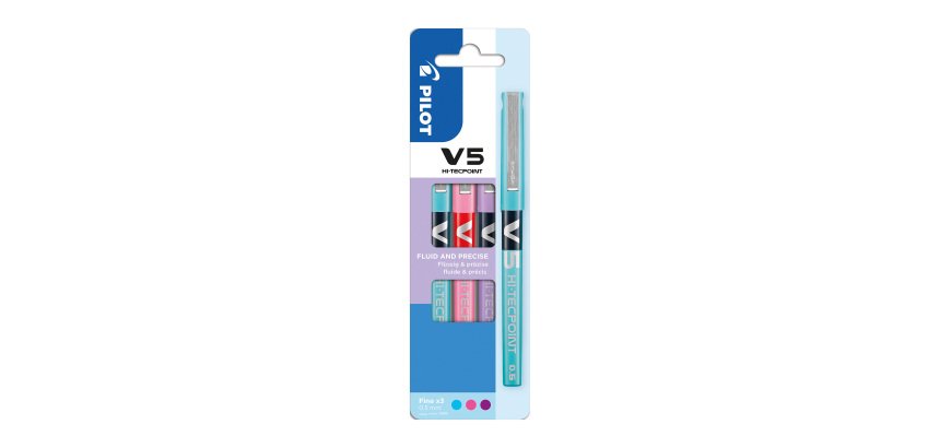 Stylo roller Pilot Hi-tecpoint V5 à capuchon pointe 0,5 mm écriture fine - Pochette de 3 couleurs fun