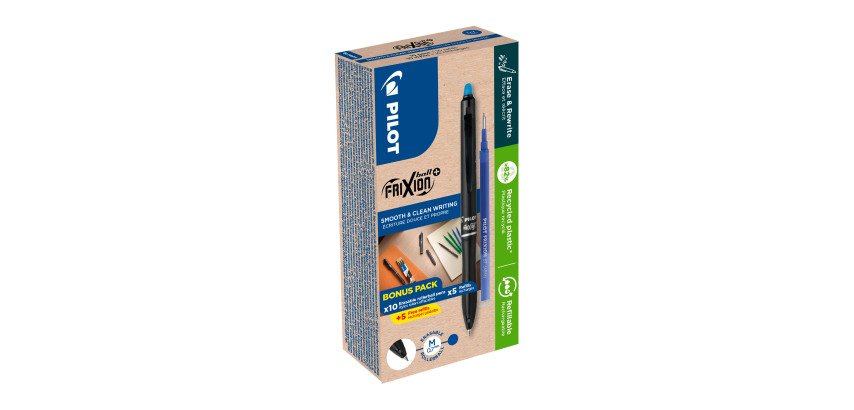 Pack von 10 radierbaren FriXion Ball+ Pilot-Gelstiften mit mittlerer Spitze 0,7 mm + 10 Nachfüllungen, davon 5 kostenlos.