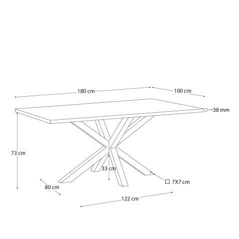 Table Argo L 180 x W 100 cm for 6 people, white melamine top with white metal legs.