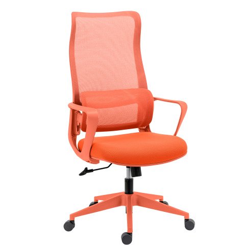 Silla de oficina LINO naranja - tela y malla - con reposabrazos, reposacabezas y soporte lumbar - Mecanismo basculante centrado - Base de nylon