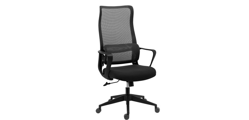 Office chair LINO, non-flammable fabric and foam, mesh, fixed armrests, headrest and lumbar support, centered tilting mechanism, nylon base