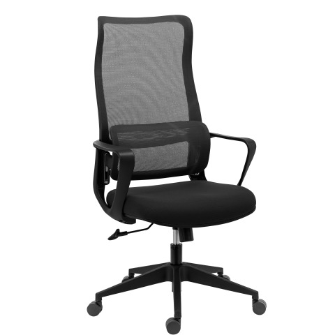 Silla de oficina LINO negra - tela y malla - con reposabrazos, reposacabezas y soporte lumbar - Mecanismo basculante centrado - Base de nylon