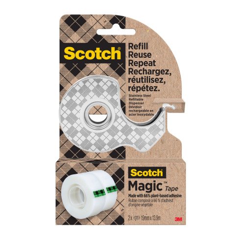 Dispensador de cinta adhesiva de acero escocés con 2 rollos, 19 mm de ancho x 13,9 m de largo