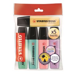 Text translated:
Stabilo Boss Pastell - Packung mit 5 Stück