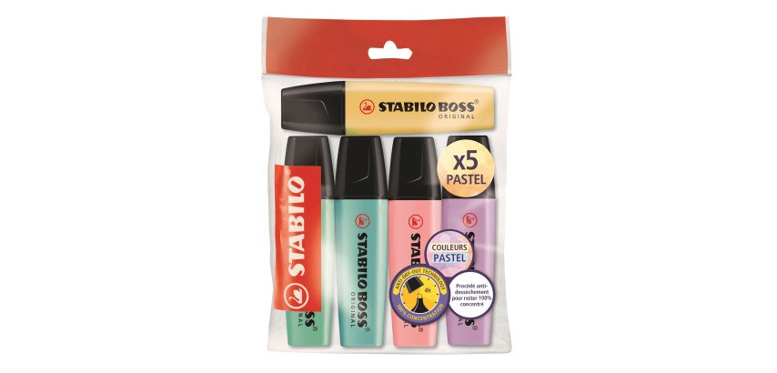 Text translated:
Stabilo Boss Pastell - Packung mit 5 Stück
