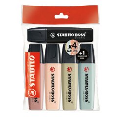 Text in German:
"Stabilo Boss Nature Colors Textmarker - Packung mit 5 Stück"