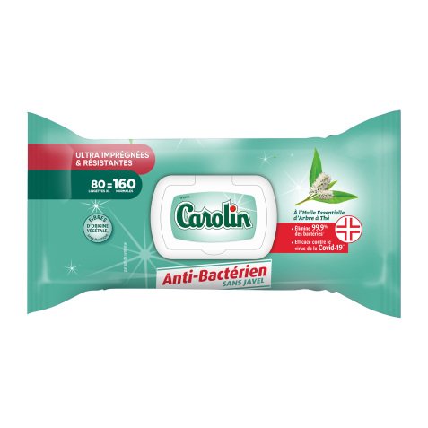 Lingettes nettoyantes extra-larges Carolin anti-bactérien - Arbre à thé - Paquet de 80