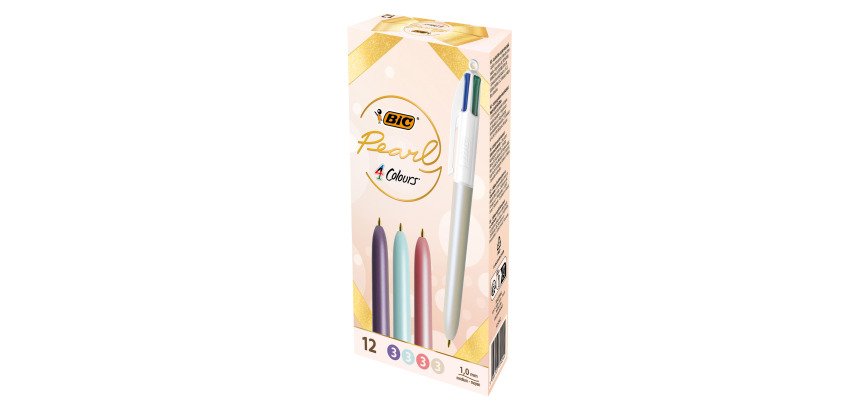 Stylo bille Bic 4 couleurs Pearl rétractable pointe 1 mm - Boîte de 12