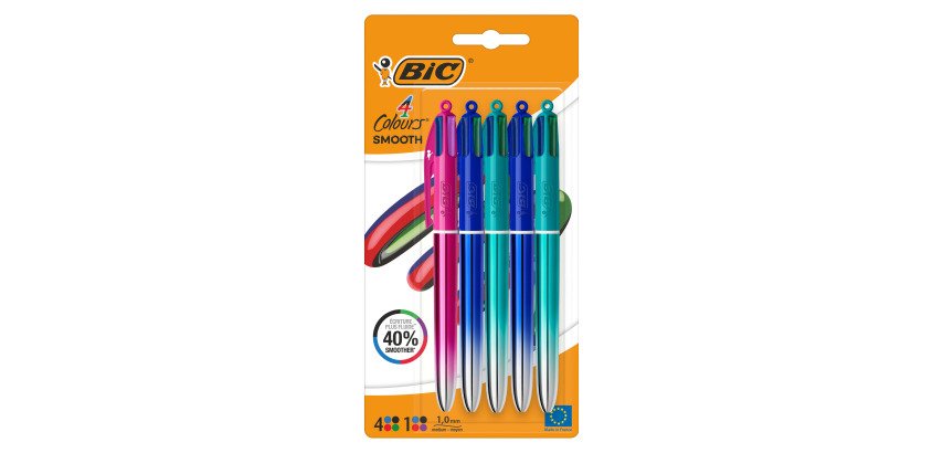 Retractable Bic 4-color smooth gradient ballpoint pen 1mm tip - medium writing - Pack of 5.