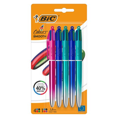 Bolígrafo retráctil Bic 4 Colours Smooth Gradient, punta de 1 mm, escritura media, paquete de 5