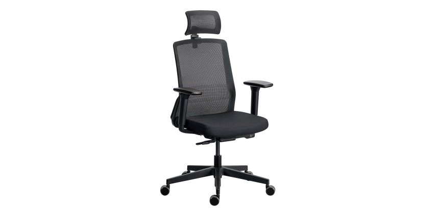 Chaise de bureau ergonomique COCO tissu et maille, avec accoudoirs 3D et appuie-tête, mécanisme synchrone, pieds noirs