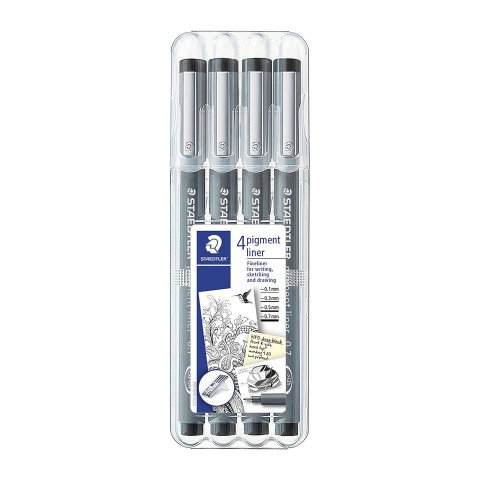 Rotulador permanente Staedtler Pigment Liner 308, punta de 0,1 mm a 0,7 mm - Paquete de 4 colores negros