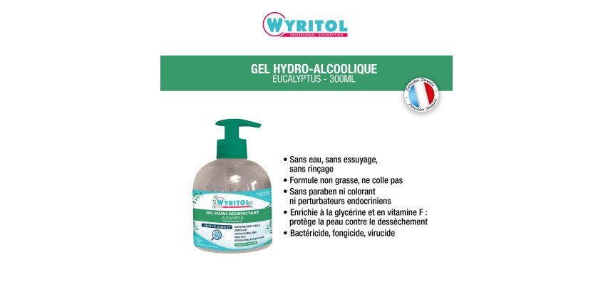 Gel hydroalcoolique désinfectant Wyritol Eucalyptus - Flacon à pompe 300 ml