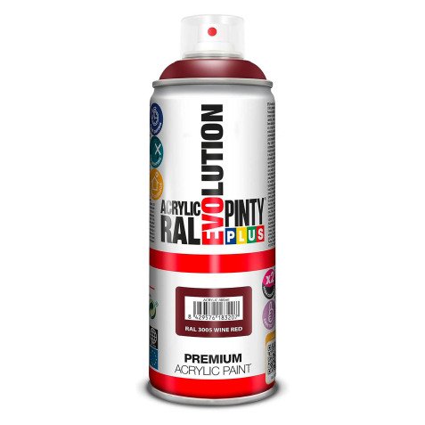 Peinture acrylique brillante Pintyplus Evolution - Aérosol de 400 ml, rouge vin RAL3005